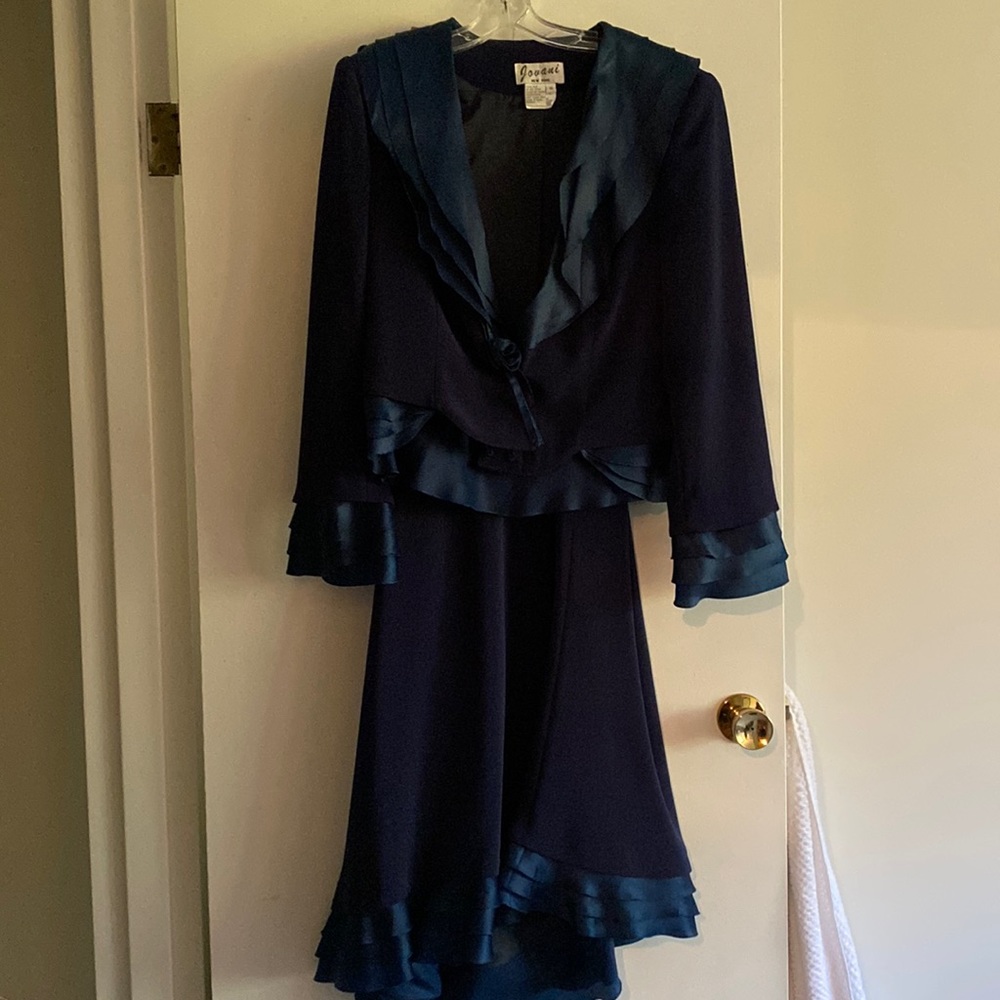 A dark blue silk satin dress suit. Ready to wear.